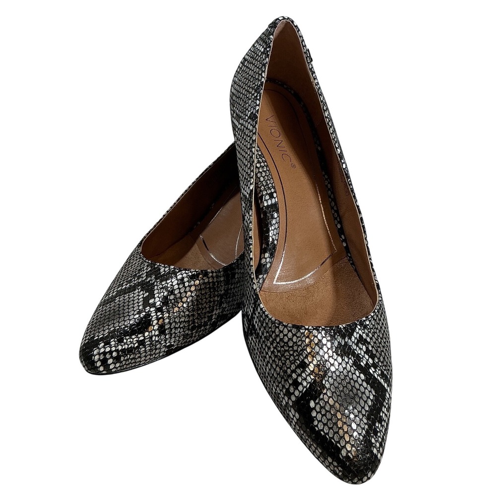 Vionic Mia VS305 Grey Black Snakeskin Leather Block Heel Pumps Almond Toe 7 Wide